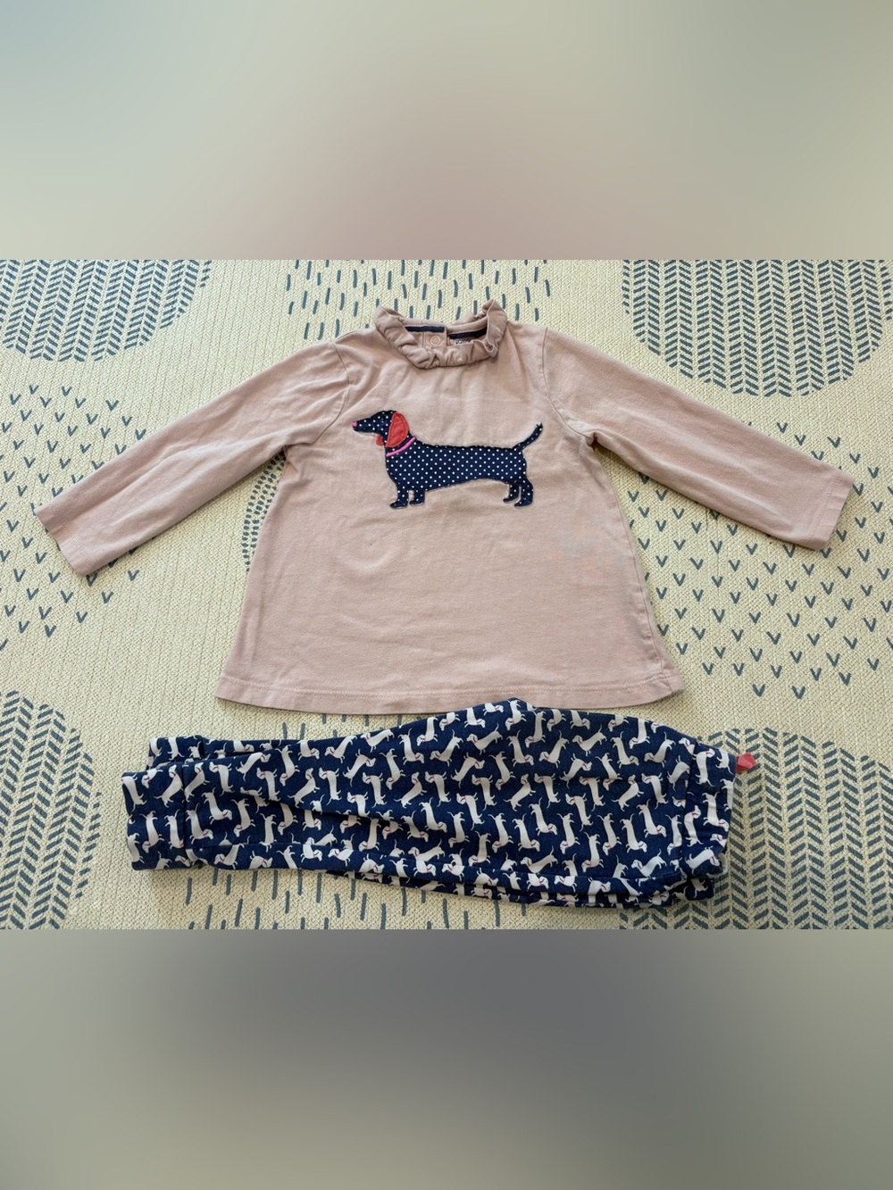 Baby Boden Pink Long-Sleeve Set with Navy Dachshund Print
